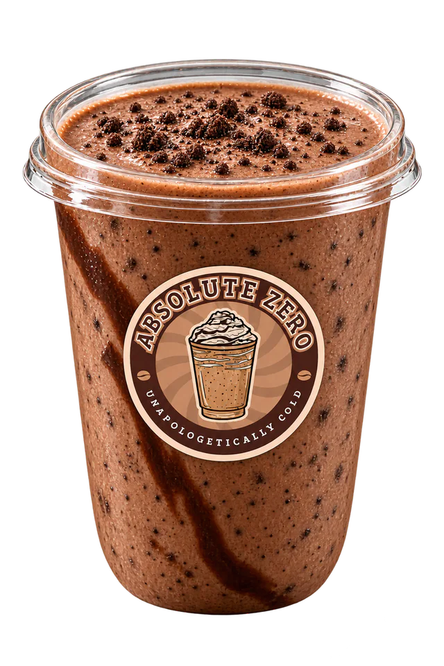 Open cup of dark brownie thick shake with fine brownie crumbs and a subtle chocolate streak