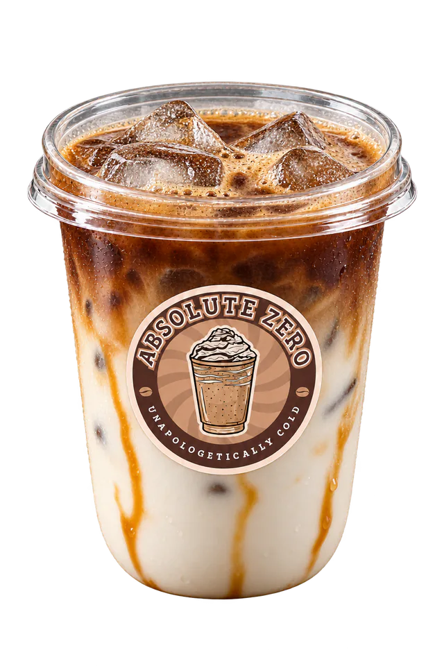 Open cup of iced caramel macchiato with milk, espresso and caramel layers
